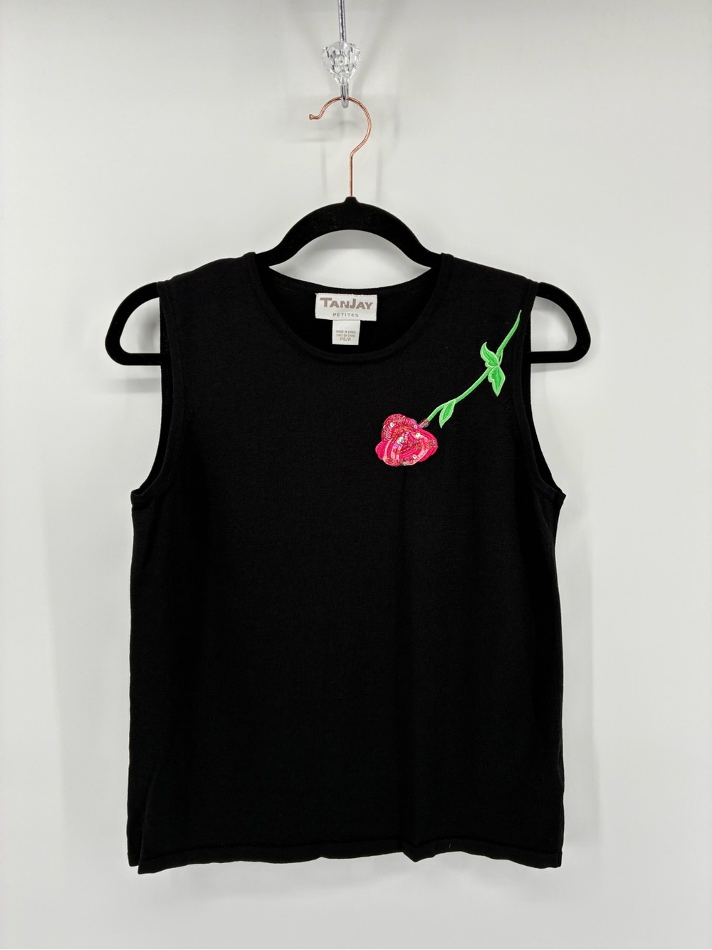 TanJay Black Sleeveless Knit Top with Pink Rose Accent